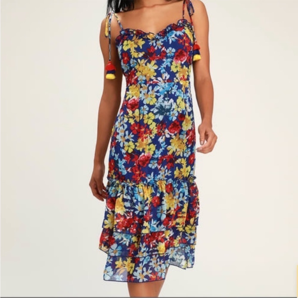 Lulus VACAY SERA SERA BLUE FLORAL MIDI DRESS NWT